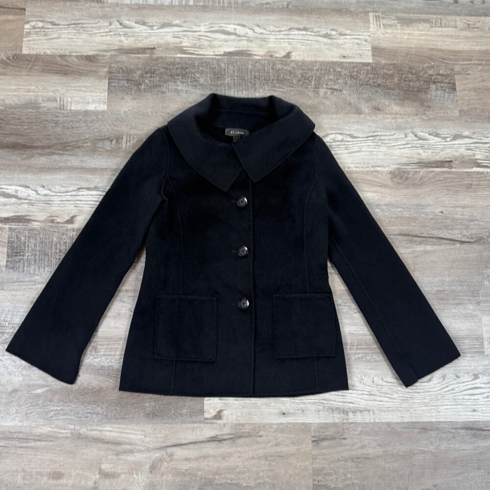 St. John Angora Wool Cashmere Jacket Black Oversized Collar Old Money Luxury S
